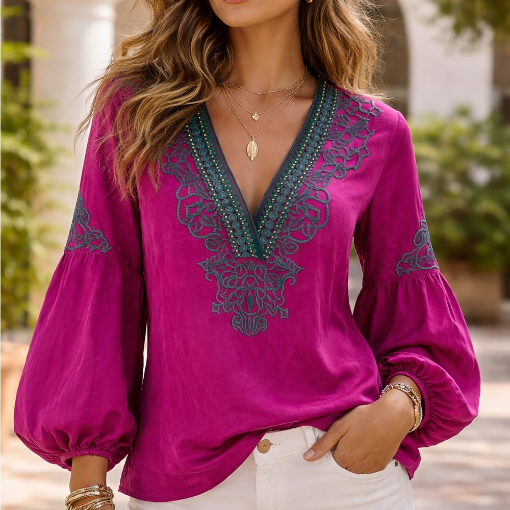 Nanette Lepore 100% Silk Embroidered Boho Tunic Blouse – Fuchsia | 4